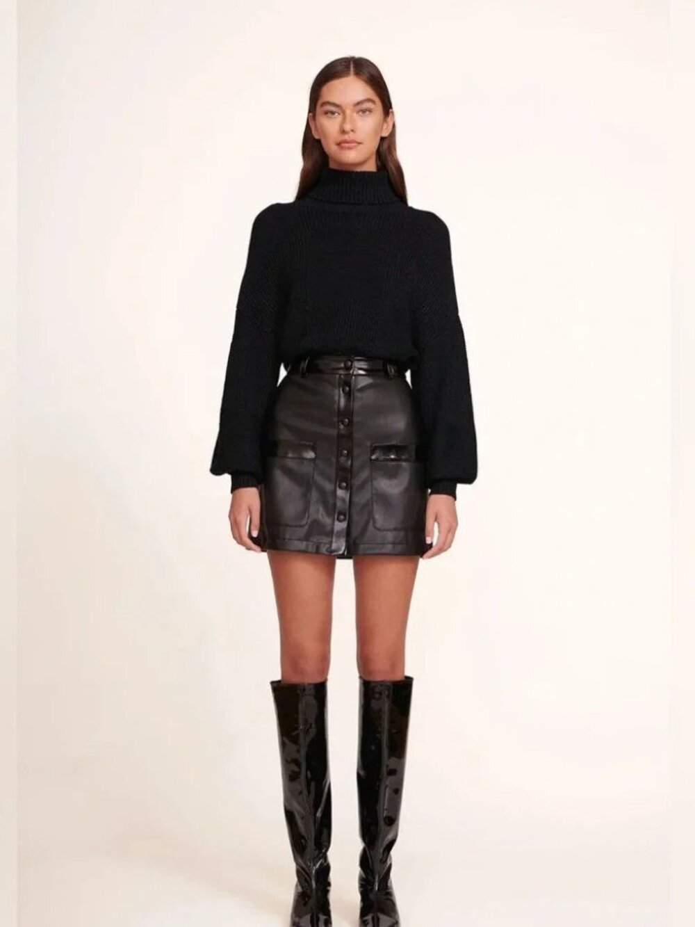STAUD Black Paper Skirt Faux Leather Snap Front Mini Skirt